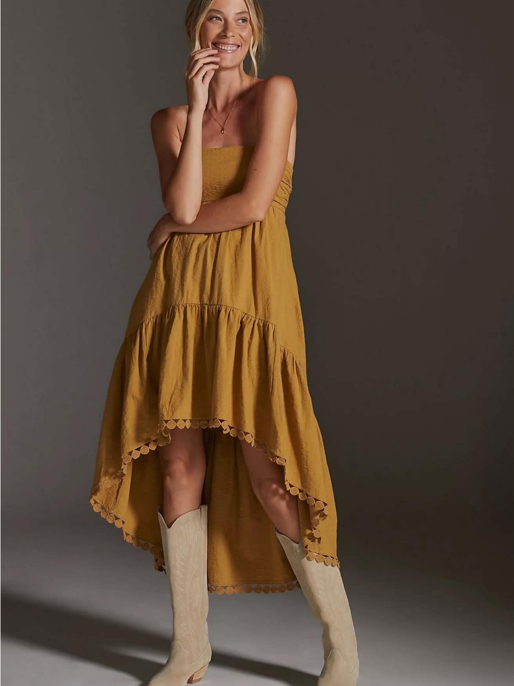 Anthropologie Mustard Yellow High-Low Tiered Skirt